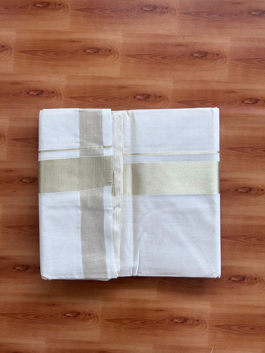 Off White (Unbleached) Double Mundu/Dhoti - 25% Discount! KaithariKada Handloom Millpaav - Kerala Handloom - 100% Pure Cotton - 80x90 - 2 inch Antique Light Gold Kasav Kara 4 Meters (8.5 Muzham) - 28 KK5508 RAM