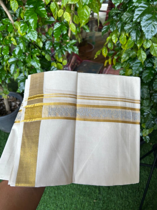 22% Discount!! KaithariKada Balaramapuram 100% Cotton DOUBLE OFF WHITE - (Ubleached) Mundu/Dhoti - 80x90 - 1.5 inch Gold Kasavu with Silver Leaf Printed Design Kara - 20KK5219 GAN