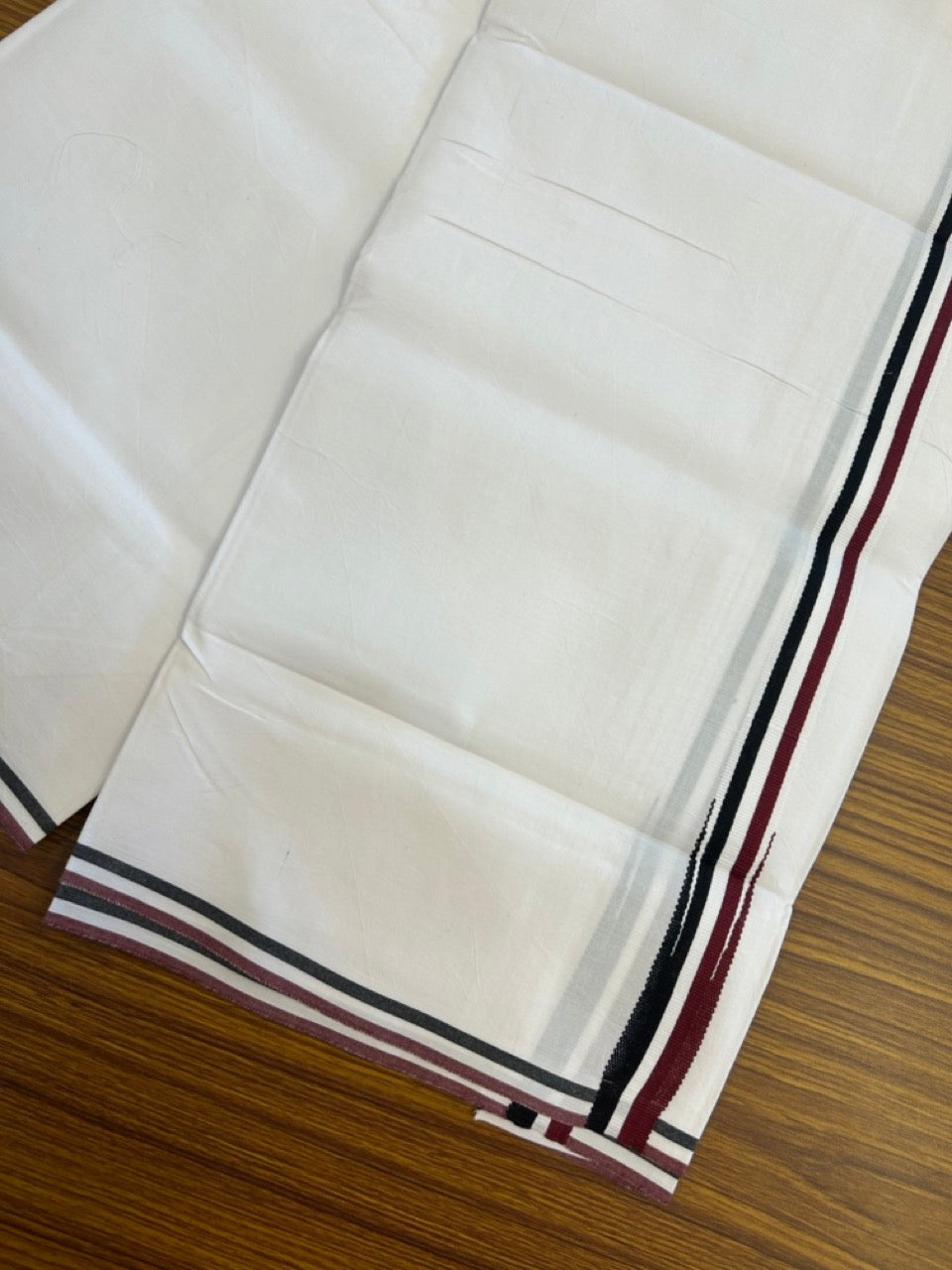 ADMK VESHTI - 20% DISCOUNT! KaithariKada 100% Cotton off white Single - (Unbleached) Mundu/Dhoti - 100X100 - 1 inch Black White & Maroon Chutty kara - 6 KK5296 ASH