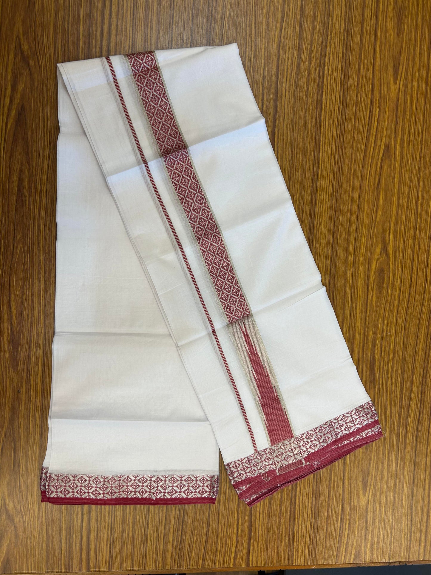 20% Discount ! KaithariKada Balaramapuram 100% Pure Cotton Double Pure White Mundu/Dhoti - 100x80 - 1.75 inch Puliyilakkara Silver Kasav & Rose Pink Jacquard Design Chutty kara 3.90 mtr (8 Muzham) - 2 KK5360 CJT