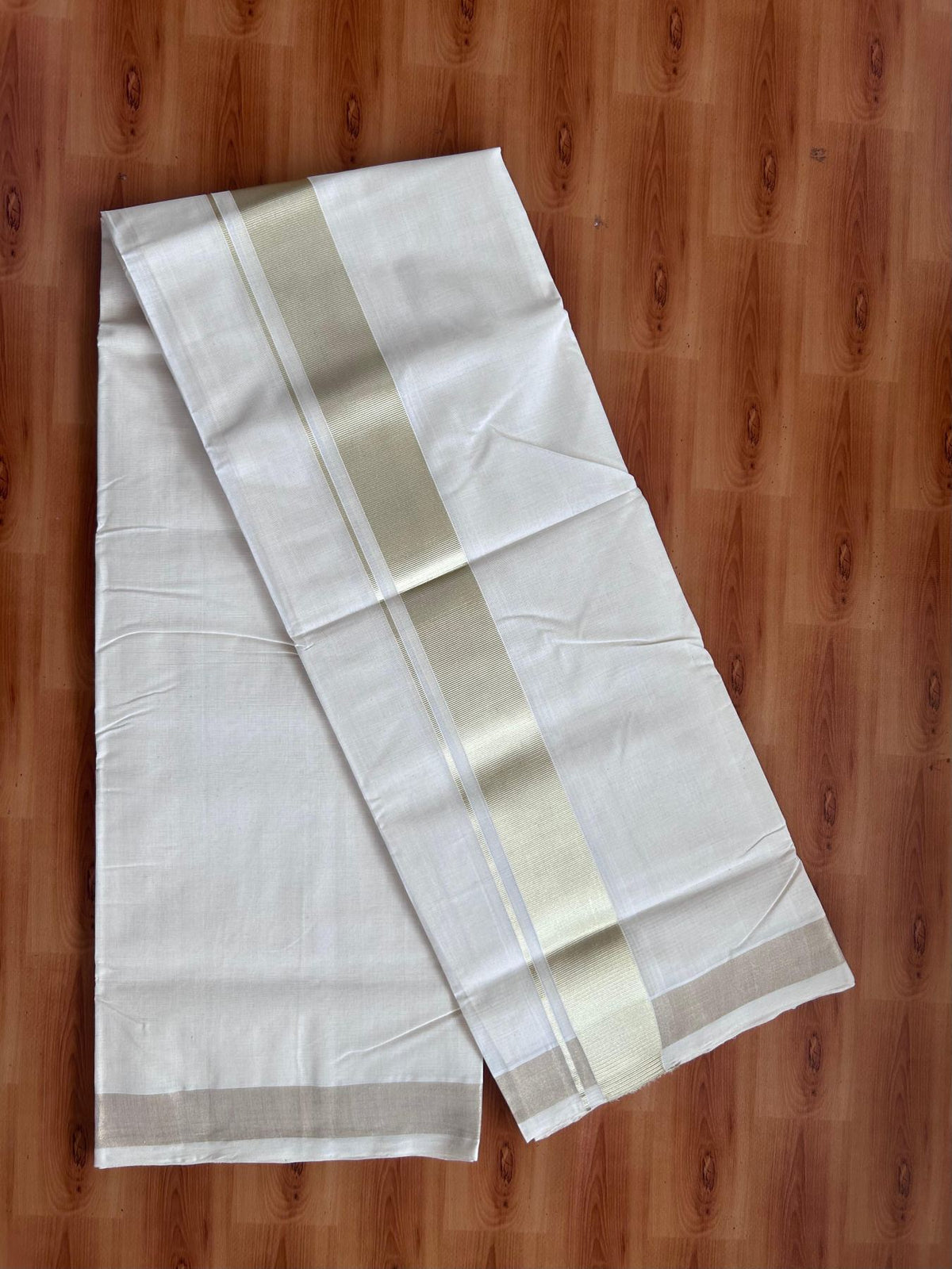 Off White (Unbleached) Double Mundu/Dhoti - 25% Discount! KaithariKada Handloom Millpaav - Kerala Handloom - 100% Pure Cotton - 80x90 - 2 inch Antique Light Gold Kasav Kara 4 Meters (8.5 Muzham) - 28 KK5508 RAM