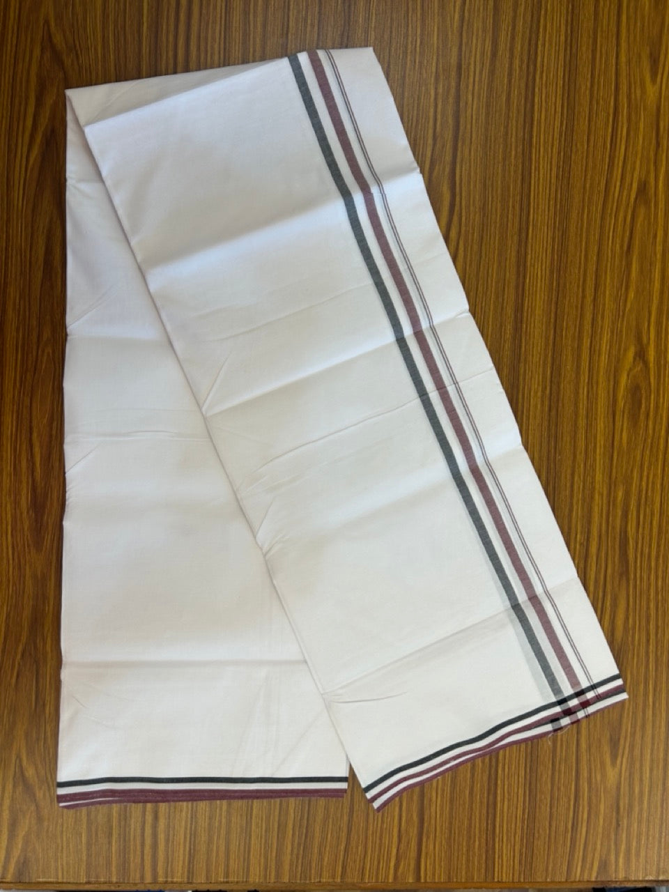 ADMK VESHTI - 20% DISCOUNT! KaithariKada 100% Cotton Pure White Single Mundu/Dhoti - 100X100 - 1 inch Black White & Maroon Shaded kara (2 meter / 4 muzham) - 7 KK5296 ASH