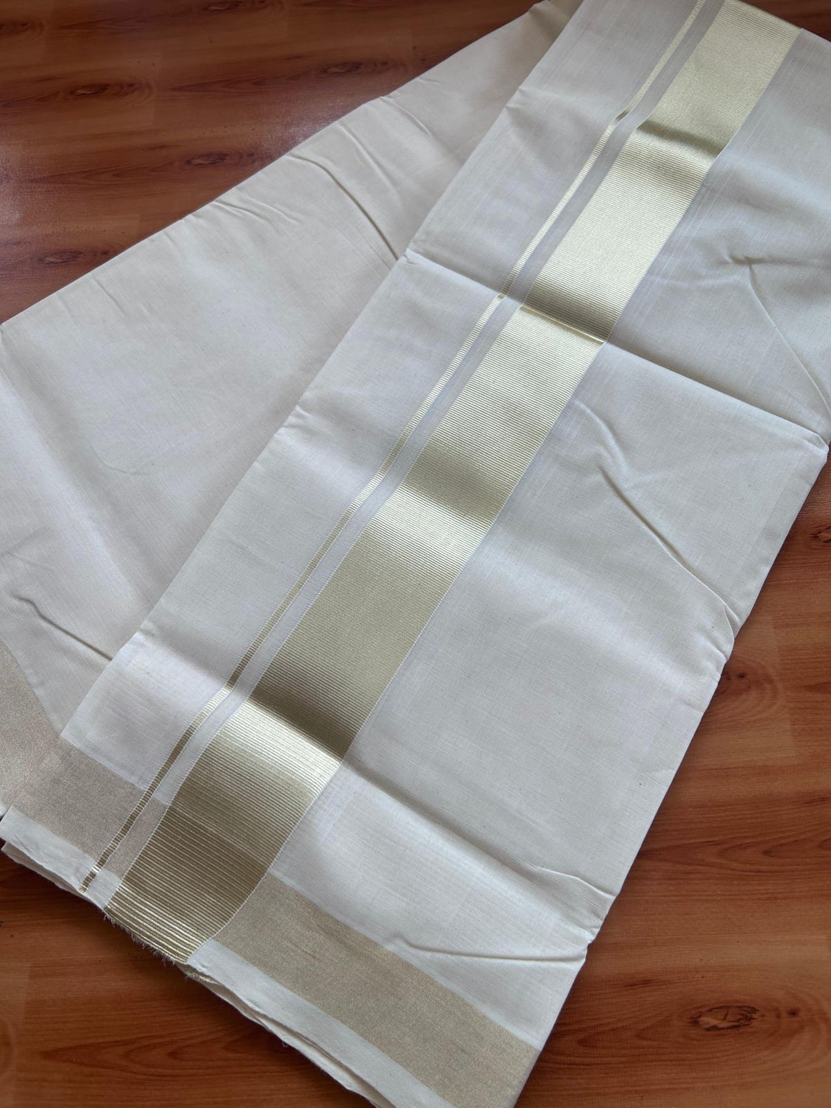 Off White (Unbleached) Double Mundu/Dhoti - 25% Discount! KaithariKada Handloom Millpaav - Kerala Handloom - 100% Pure Cotton - 80x90 - 2 inch Antique Light Gold Kasav Kara 4 Meters (8.5 Muzham) - 28 KK5508 RAM