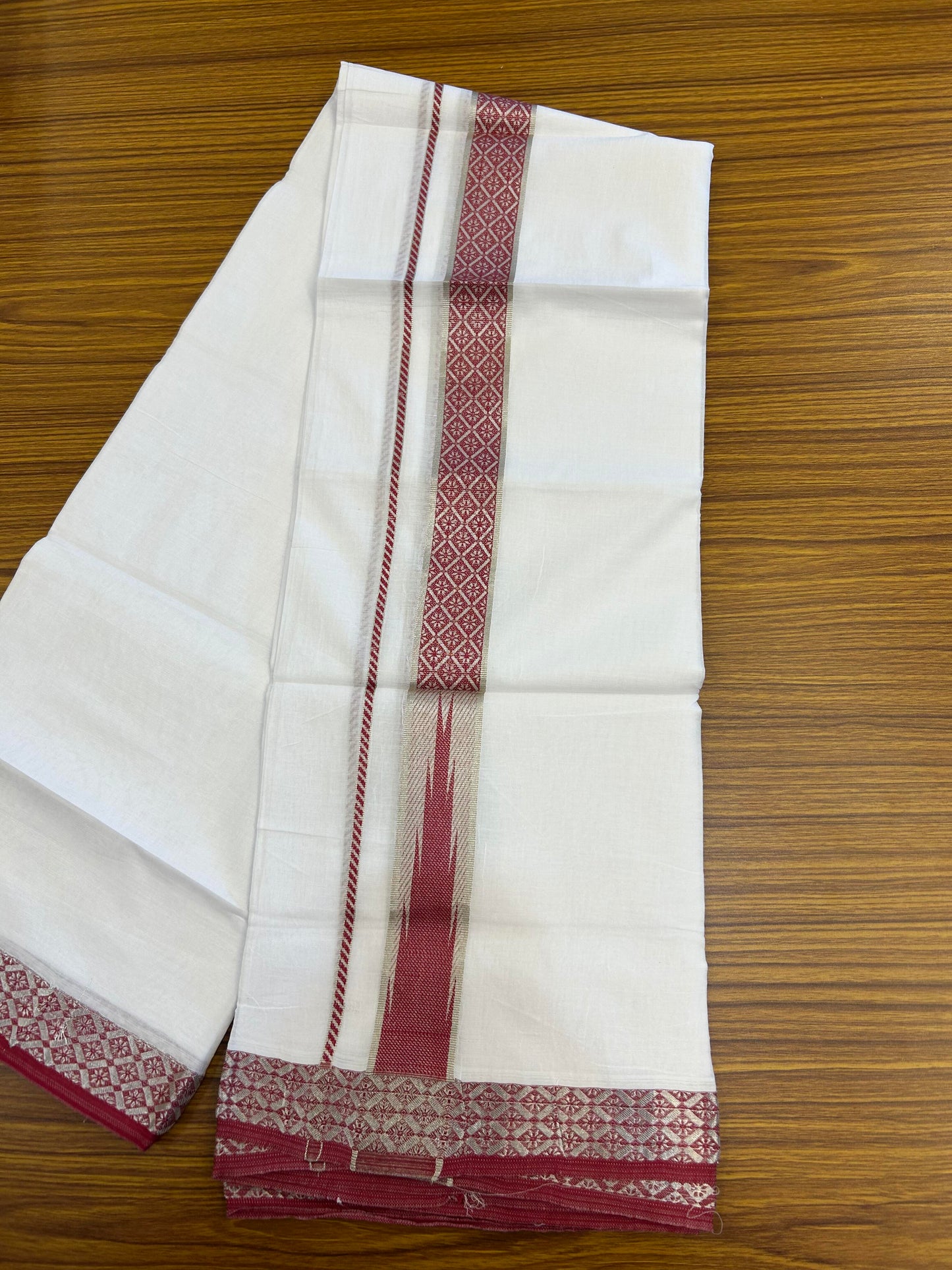 20% Discount ! KaithariKada Balaramapuram 100% Pure Cotton Double Pure White Mundu/Dhoti - 100x80 - 1.75 inch Puliyilakkara Silver Kasav & Rose Pink Jacquard Design Chutty kara 3.90 mtr (8 Muzham) - 2 KK5360 CJT