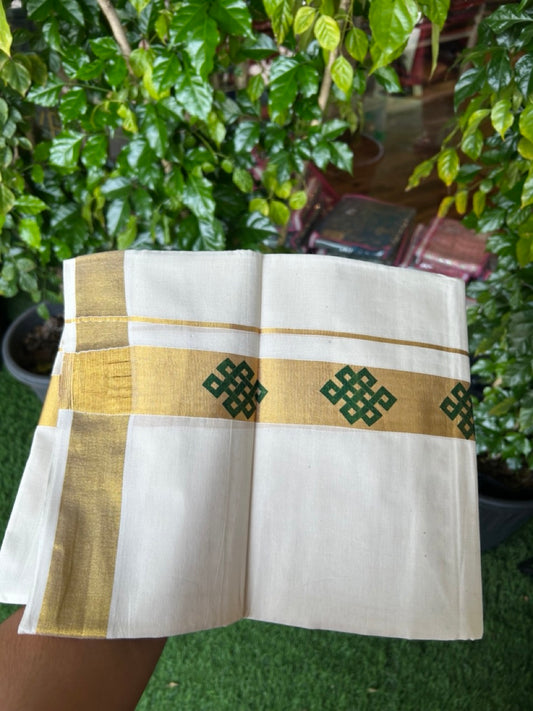 22% Discount!! KaithariKada Balaramapuram 100% Cotton DOUBLE OFF WHITE - (Ubleached) Mundu/Dhoti - 80x90 - 1.5 inch Gold Kasavu with Dark Green Printed Design Kara - 32KK5219 GAN