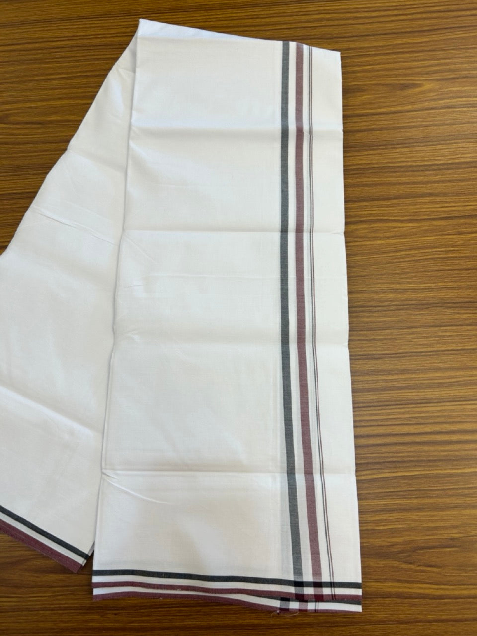 ADMK VESHTI - 20% DISCOUNT! KaithariKada 100% Cotton Pure White Single Mundu/Dhoti - 100X100 - 1 inch Black White & Maroon Shaded kara (2 meter / 4 muzham) - 7 KK5296 ASH