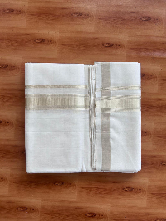Off White (Unbleached) Double Mundu/Dhoti - 25% Discount! KaithariKada Handloom Millpaav - Kerala Handloom - 100% Pure Cotton - 80x90 - 1.5 inch Antique Light Gold Kasav striped Kara 4 Meters (8.5 Muzham) - 29 KK5508 RAM