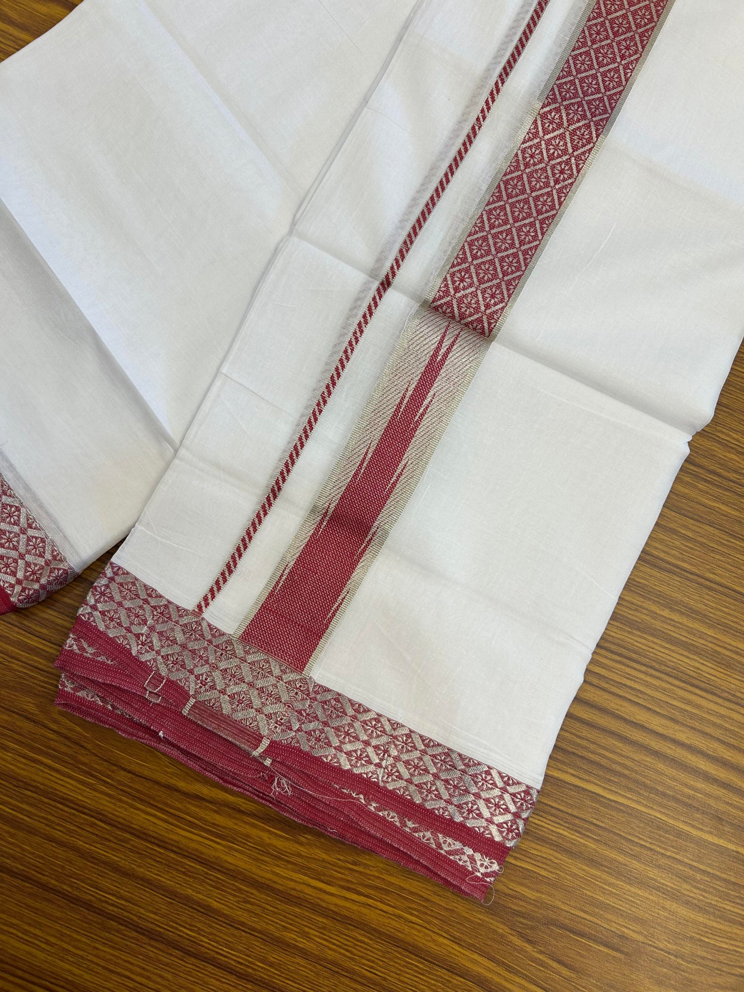 20% Discount ! KaithariKada Balaramapuram 100% Pure Cotton Double Pure White Mundu/Dhoti - 100x80 - 1.75 inch Puliyilakkara Silver Kasav & Rose Pink Jacquard Design Chutty kara 3.90 mtr (8 Muzham) - 2 KK5360 CJT