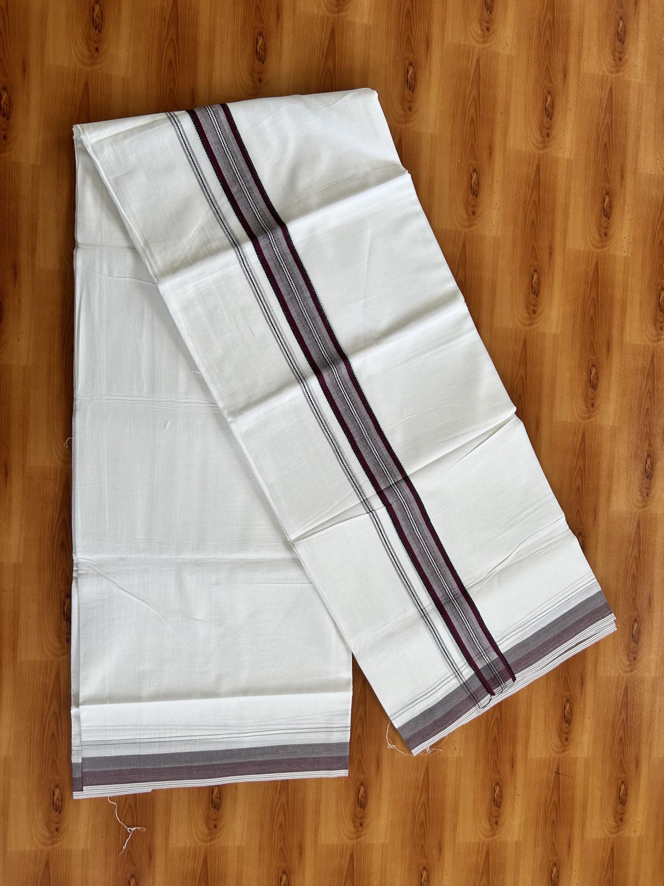 Double Pure white Mundu/Dhoti- 20% Discount! KaithariKada Balaramapuram 100% Cotton  - 100X80 - 1.25 inch Burgundy & Black Shaded Design Striped kara - 3.90 mtr (8 muzham) - 15 KK5444 VIN