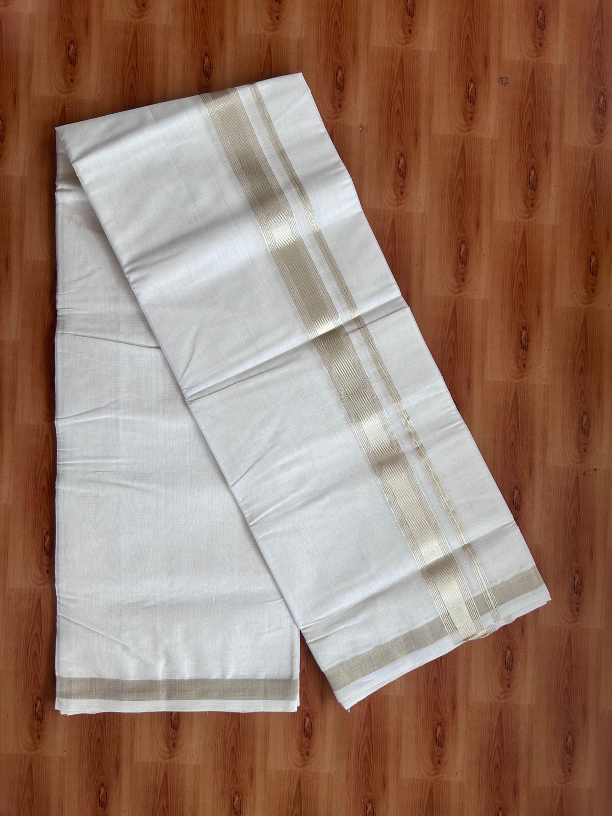 Off White (Unbleached) Double Mundu/Dhoti - 25% Discount! KaithariKada Handloom Millpaav - Kerala Handloom - 100% Pure Cotton - 80x90 - 1.5 inch Antique Light Gold Kasav striped Kara 4 Meters (8.5 Muzham) - 29 KK5508 RAM
