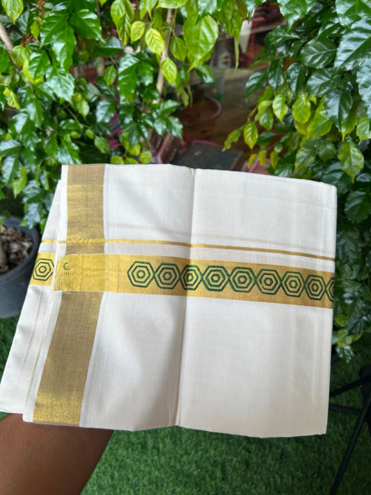 22% Discount!! KaithariKada Balaramapuram 100% Cotton DOUBLE OFF WHITE - (Ubleached) Mundu/Dhoti - 80x90 - 1.5 inch Gold Kasavu with Light Green Printed Design Kara - 29KK5219 GAN