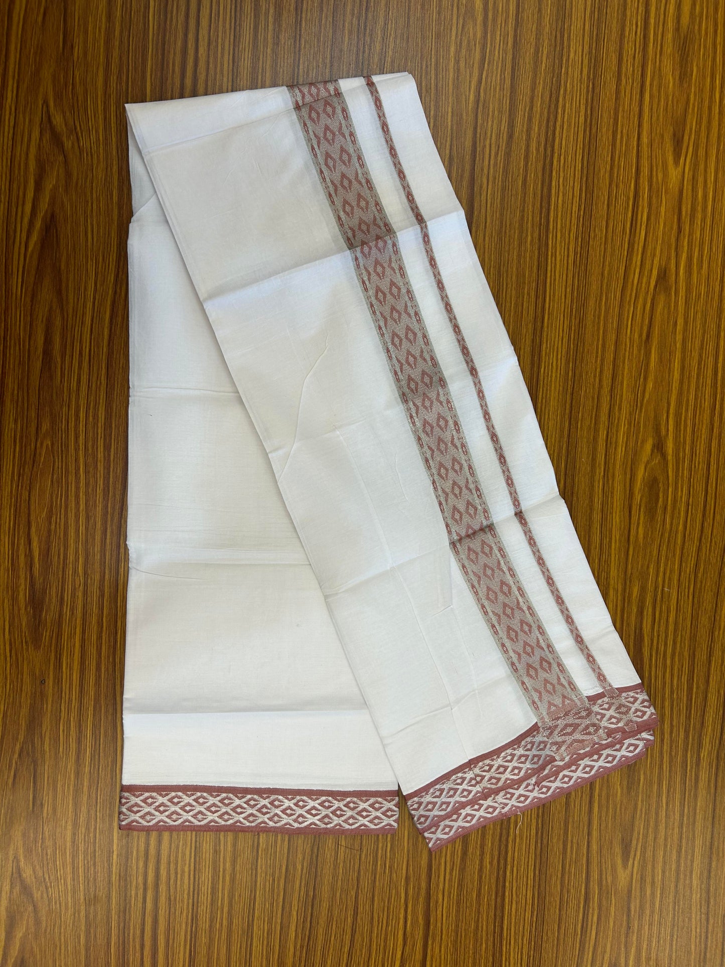 20% Discount ! KaithariKada Balaramapuram 100% Pure Cotton Single Pure White Mundu/Dhoti - 70X30 - 1.5 inch Silver Kasav & Peach Pink Jacquard Design kara 1.90 mtr (4 Muzham) - 4 KK5360 CJT