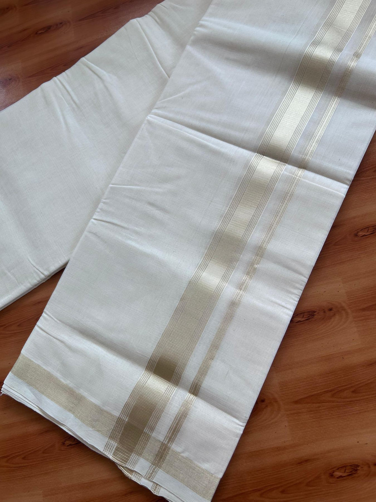 Off White (Unbleached) Double Mundu/Dhoti - 25% Discount! KaithariKada Handloom Millpaav - Kerala Handloom - 100% Pure Cotton - 80x90 - 1.5 inch Antique Light Gold Kasav striped Kara 4 Meters (8.5 Muzham) - 29 KK5508 RAM