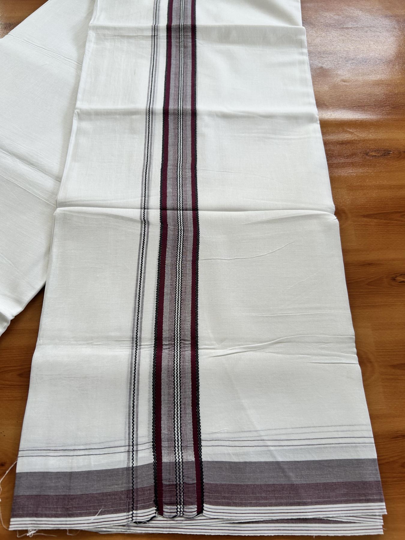 Double Pure white Mundu/Dhoti- 20% Discount! KaithariKada Balaramapuram 100% Cotton  - 100X80 - 1.25 inch Burgundy & Black Shaded Design Striped kara - 3.90 mtr (8 muzham) - 15 KK5444 VIN