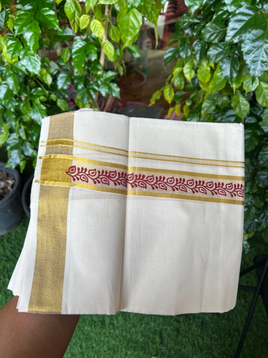 22% Discount!! KaithariKada Balaramapuram 100% Cotton DOUBLE OFF WHITE - (Ubleached) Mundu/Dhoti - 80x90 - 1.5 inch Gold Kasavu with Maroon Leaf Printed Design Kara - 36KK5219 GAN