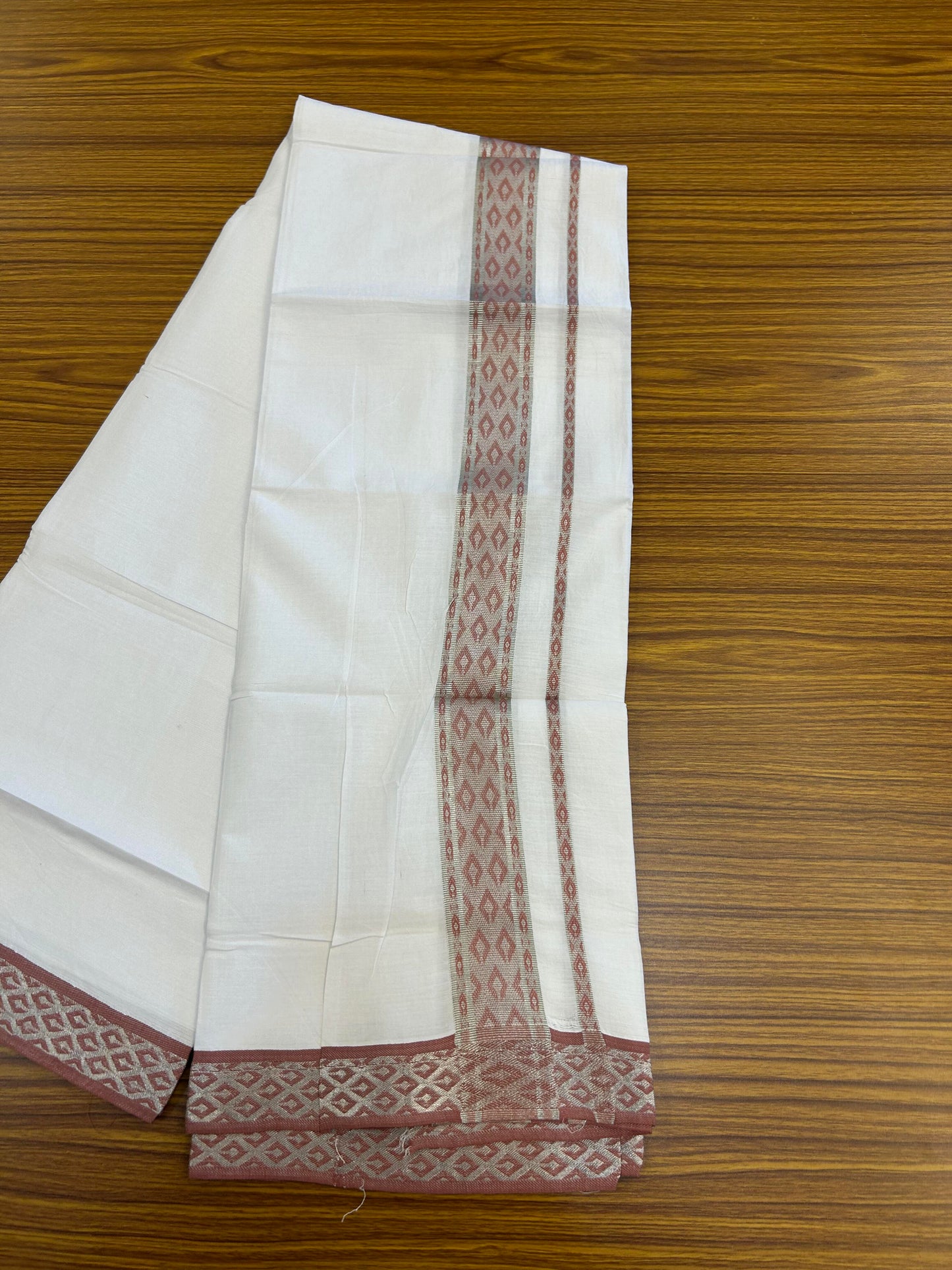 20% Discount ! KaithariKada Balaramapuram 100% Pure Cotton Single Pure White Mundu/Dhoti - 70X30 - 1.5 inch Silver Kasav & Peach Pink Jacquard Design kara 1.90 mtr (4 Muzham) - 4 KK5360 CJT