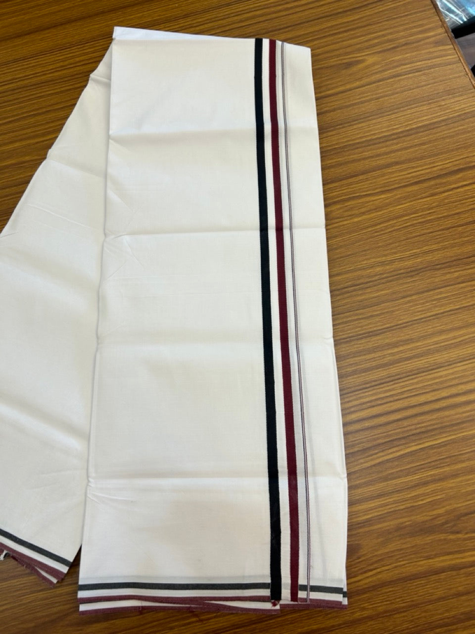 ADMK VESHTI - 28% DISCOUNT! KaithariKada 100% Cotton Pure white Single Mundu/Dhoti - 100X100 - 1 inch Black White & Maroon kara - 8 KK5296 ASH