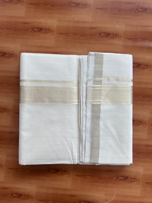 Off White (Unbleached) Double Mundu/Dhoti - 25% Discount! KaithariKada Handloom Millpaav - Kerala Handloom - 100% Pure Cotton - 80x90 - 1.5 inch Antique Light Gold Kasav striped Kara 4 Meters (8.5 Muzham) - 30 KK5508 RAM