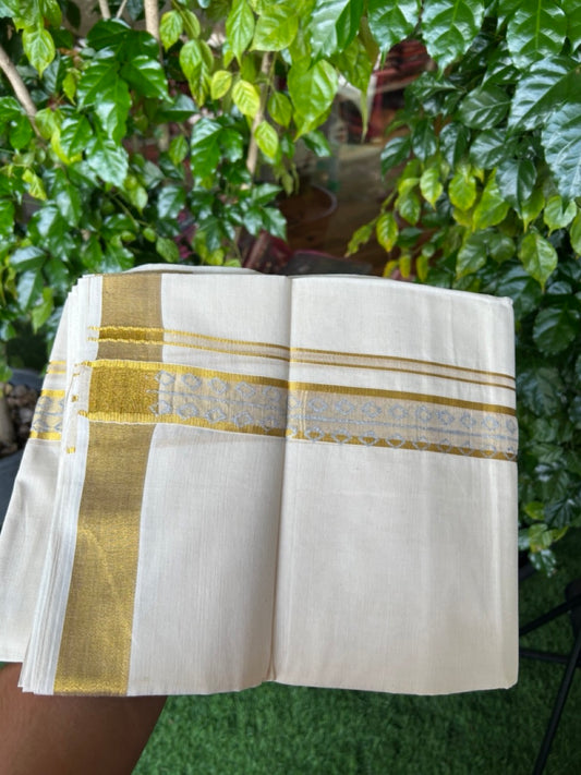 22% Discount!! KaithariKada Balaramapuram 100% Cotton DOUBLE OFF WHITE - (Ubleached) Mundu/Dhoti - 80x90 - 1.5 inch Gold Kasavu with Silver Printed Design Kara - 35KK5219 GAN