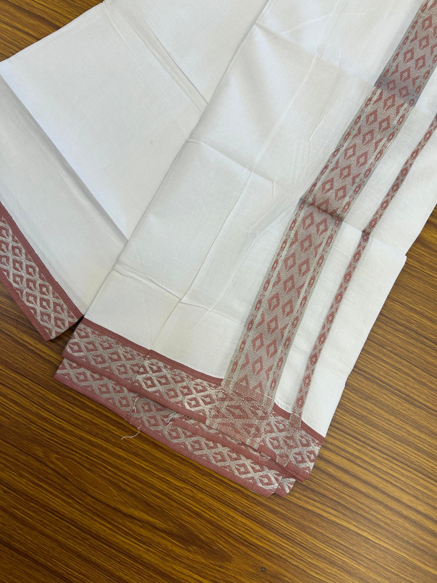 20% Discount ! KaithariKada Balaramapuram 100% Pure Cotton Single Pure White Mundu/Dhoti - 70X30 - 1.5 inch Silver Kasav & Peach Pink Jacquard Design kara 1.90 mtr (4 Muzham) - 4 KK5360 CJT