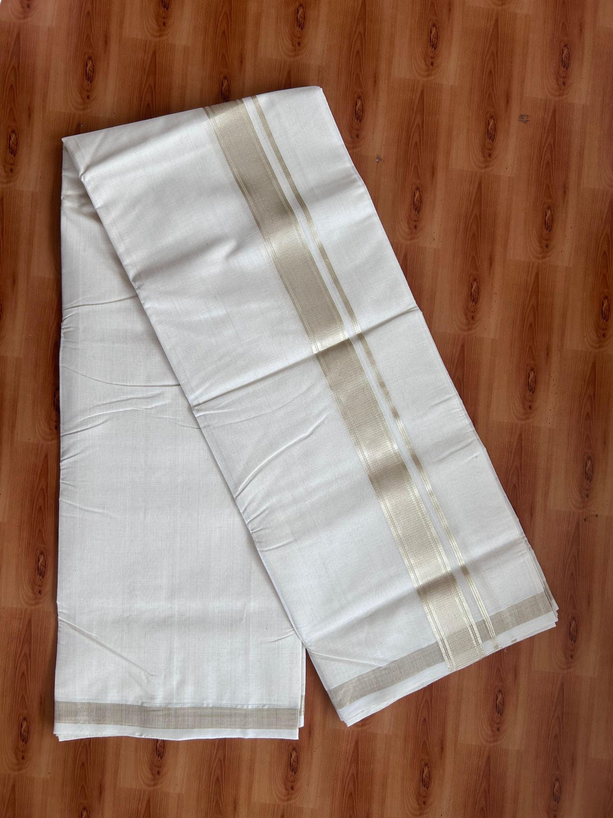 Off White (Unbleached) Double Mundu/Dhoti - 25% Discount! KaithariKada Handloom Millpaav - Kerala Handloom - 100% Pure Cotton - 80x90 - 1.5 inch Antique Light Gold Kasav striped Kara 4 Meters (8.5 Muzham) - 30 KK5508 RAM