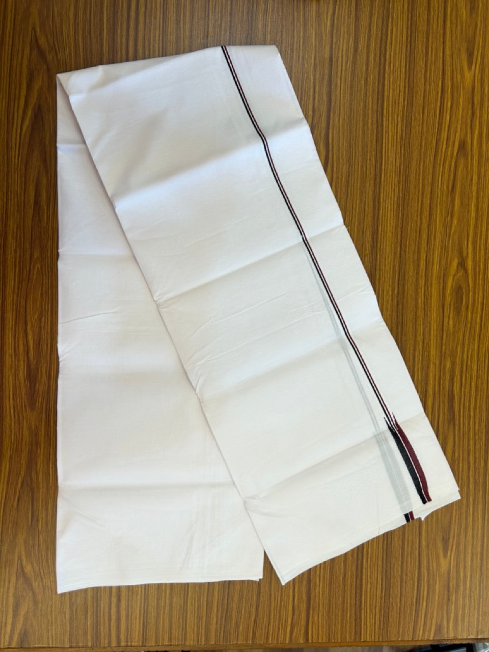 ADMK VESHTI 20% DISCOUNT ! KaithariKada Balaramapuram 100% COTTON SINGLE PURE WHITE  Mundu/Dhoti-100X100 - 0.25 inch Puliyilakkara Maroon & Black Chutty Kara (2 meter / 4 muzham) - 6 KK5296 ASH