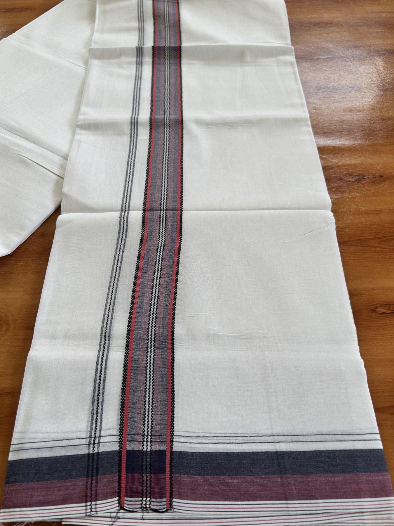 Double Pure white Mundu/Dhoti- 20% Discount! KaithariKada Balaramapuram 100% Cotton  - 100X80 - 1.25 inch Reddish Pink & Black Shaded Design Striped kara - 3.90 mtr (8 muzham) - 18 KK5444 VIN