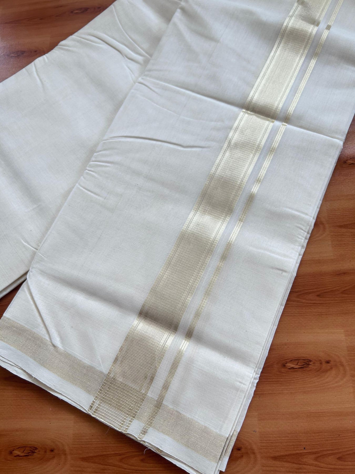 Off White (Unbleached) Double Mundu/Dhoti - 25% Discount! KaithariKada Handloom Millpaav - Kerala Handloom - 100% Pure Cotton - 80x90 - 1.5 inch Antique Light Gold Kasav striped Kara 4 Meters (8.5 Muzham) - 30 KK5508 RAM