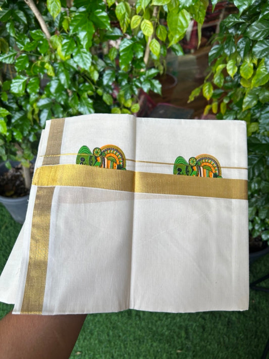 22% Discount!! KaithariKada Balaramapuram 100% Cotton DOUBLE OFF WHITE - (Ubleached) Mundu/Dhoti - 80x90 - 1 inch Gold Kasavu with Kathakali Printed Design Kara - 33KK5219 GAN