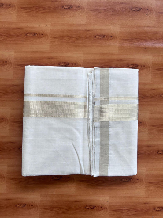 Off White (Unbleached) Double Mundu/Dhoti - 25% Discount! KaithariKada Handloom Millpaav - Kerala Handloom - 100% Pure Cotton - 80x90 - 1.5 inch Antique Light Gold Kasav striped Kara 4 Meters (8.5 Muzham) - 31 KK5508 RAM