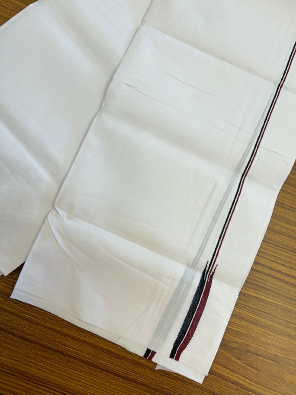ADMK VESHTI 20% DISCOUNT ! KaithariKada Balaramapuram 100% COTTON SINGLE PURE WHITE  Mundu/Dhoti-100X100 - 0.25 inch Puliyilakkara Maroon & Black Chutty Kara (2 meter / 4 muzham) - 6 KK5296 ASH