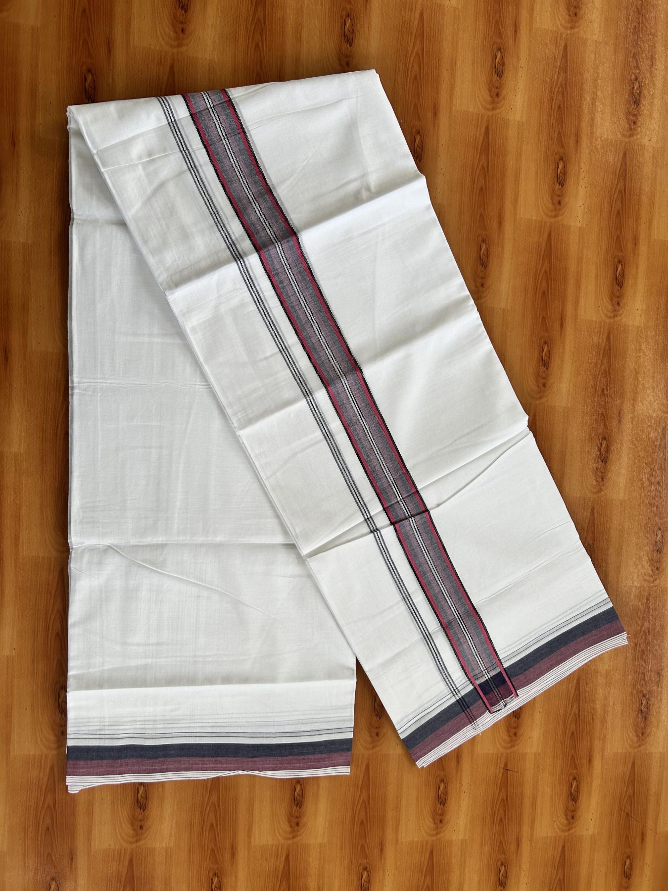 Double Pure white Mundu/Dhoti- 20% Discount! KaithariKada Balaramapuram 100% Cotton  - 100X80 - 1.25 inch Pinkish Magenta & Black Shaded Design Striped kara - 3.90 mtr (8 muzham) - 19 KK5444 VIN