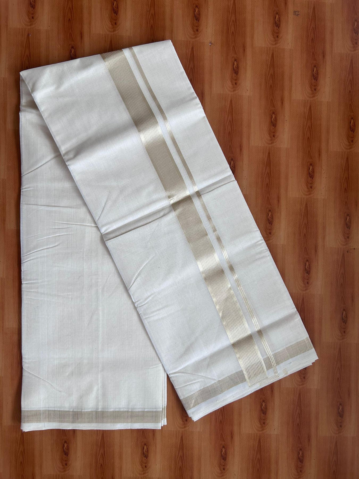 Off White (Unbleached) Double Mundu/Dhoti - 25% Discount! KaithariKada Handloom Millpaav - Kerala Handloom - 100% Pure Cotton - 80x90 - 1.5 inch Antique Light Gold Kasav striped Kara 4 Meters (8.5 Muzham) - 31 KK5508 RAM