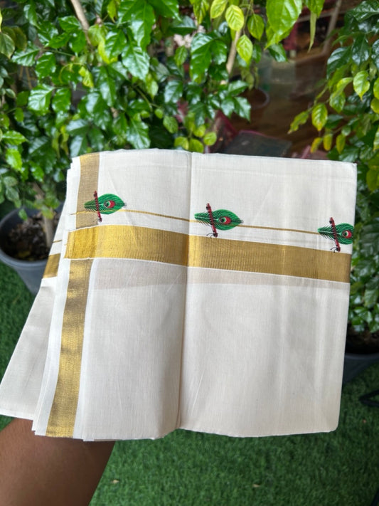 22% Discount!! KaithariKada Balaramapuram 100% Cotton DOUBLE OFF WHITE - (Ubleached) Mundu/Dhoti - 80x90 - 1 inch Gold Kasavu with Green Peacock Feather & Flute Printed Design Kara - 31KK5219 GAN