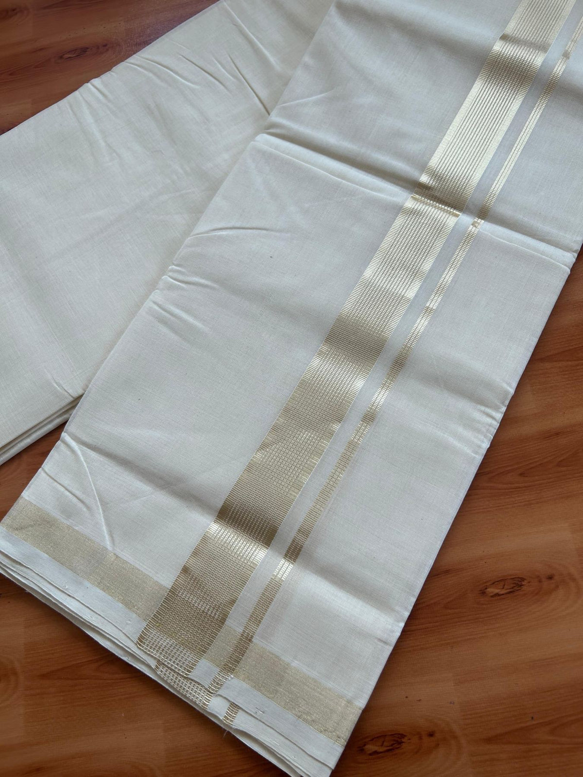 Off White (Unbleached) Double Mundu/Dhoti - 25% Discount! KaithariKada Handloom Millpaav - Kerala Handloom - 100% Pure Cotton - 80x90 - 1.5 inch Antique Light Gold Kasav striped Kara 4 Meters (8.5 Muzham) - 31 KK5508 RAM