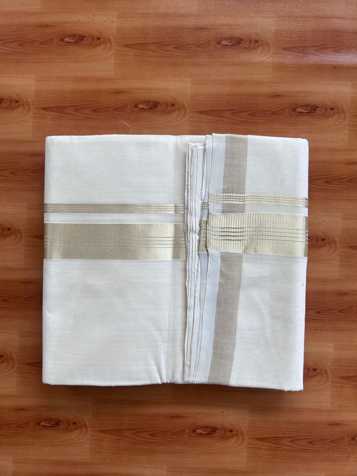 Off White (Unbleached) Double Mundu/Dhoti - 25% Discount! KaithariKada Handloom Millpaav - Kerala Handloom - 100% Pure Cotton - 80x90 - 1.5 inch Antique Light Gold Kasav striped Kara 4 Meters (8.5 Muzham) - 32 KK5508 RAM
