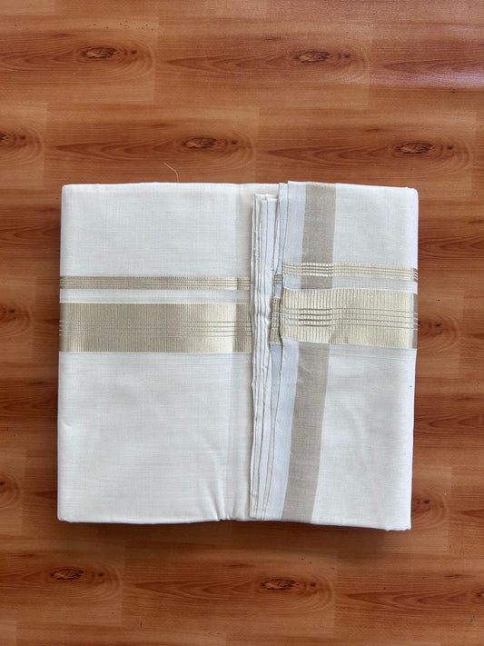 Off White (Unbleached) Double Mundu/Dhoti - 25% Discount! KaithariKada Handloom Millpaav - Kerala Handloom - 100% Pure Cotton - 80x90 - 1.5 inch Antique Light Gold Kasav striped Kara 4 Meters (8.5 Muzham) - 32 KK5508 RAM