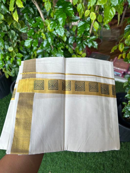 22% Discount!! KaithariKada Balaramapuram 100% Cotton DOUBLE OFF WHITE - (Ubleached) Mundu/Dhoti - 80x90 - 1.5 inch Gold Kasavu with Dark Green Printed Design Kara - 28KK5219 GAN