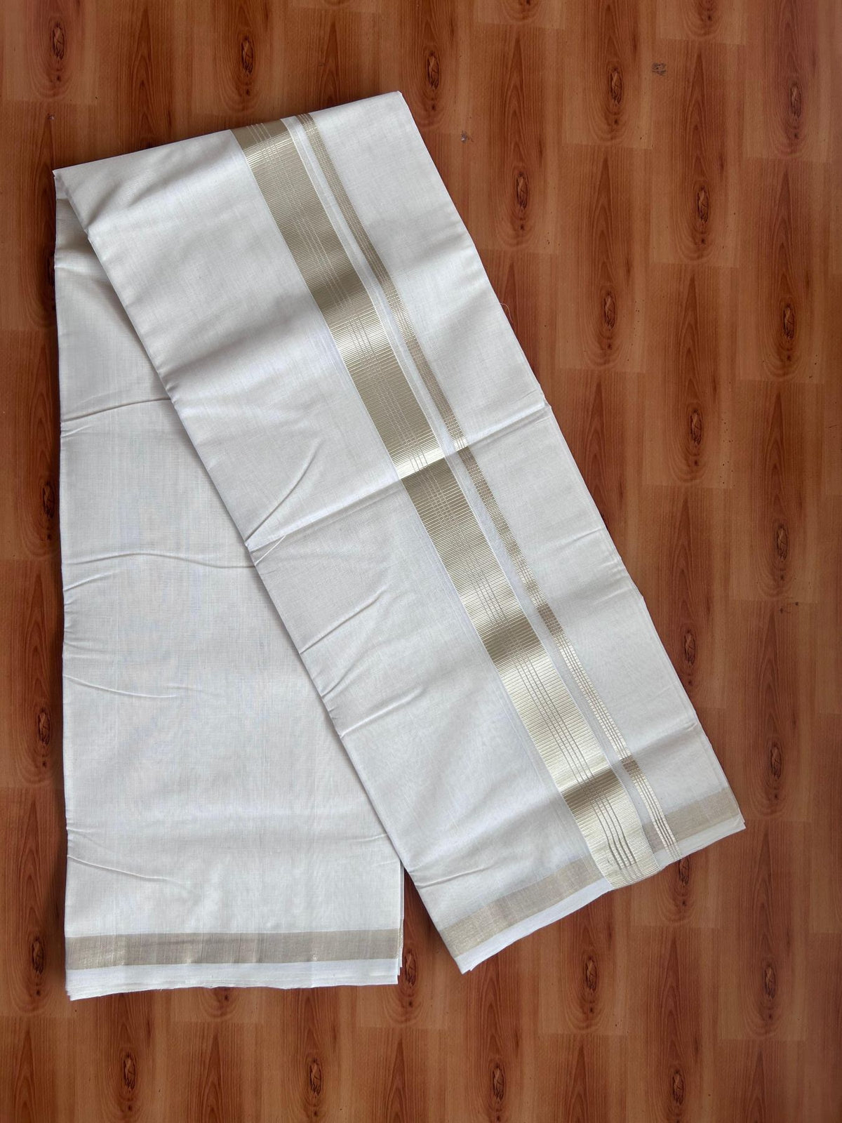 Off White (Unbleached) Double Mundu/Dhoti - 25% Discount! KaithariKada Handloom Millpaav - Kerala Handloom - 100% Pure Cotton - 80x90 - 1.5 inch Antique Light Gold Kasav striped Kara 4 Meters (8.5 Muzham) - 32 KK5508 RAM