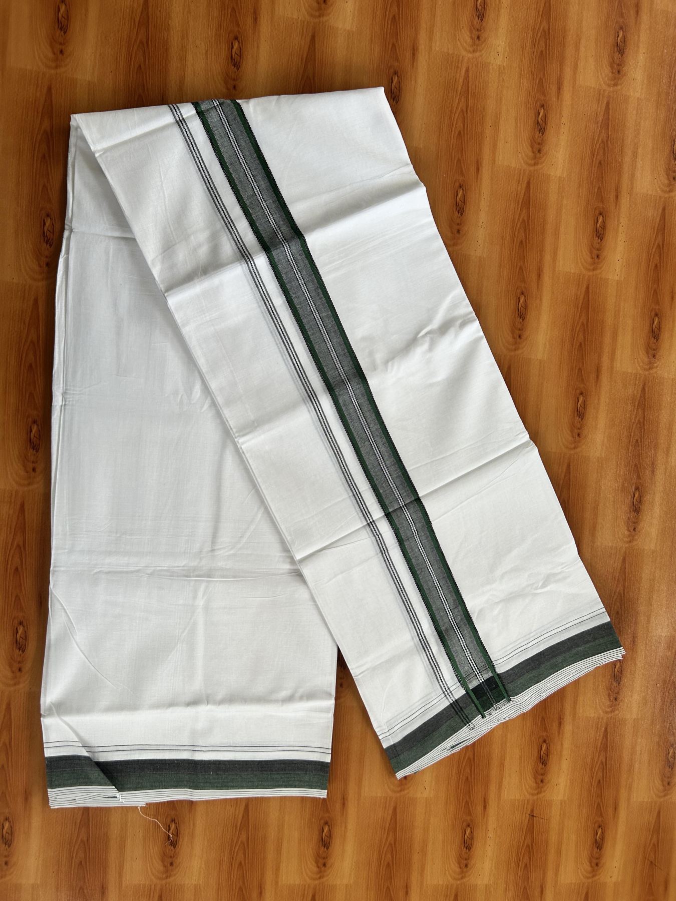 Double Pure white Mundu/Dhoti- 20% Discount! KaithariKada Balaramapuram 100% Cotton  - 100X80 - 1.25 inch Light Green & Black Shaded Design Striped kara - 3.90 mtr (8 muzham) - 12 KK5444 VIN