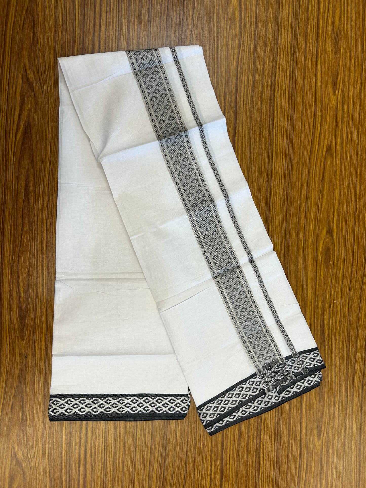 20% Discount ! KaithariKada Balaramapuram 100% Pure Cotton Single Pure White Mundu/Dhoti - 70X30 - 1.5 inch Silver Kasav & Black Jacquard Design Dual kara 1.90 mtr (4 Muzham) - 7 KK5360 CJT