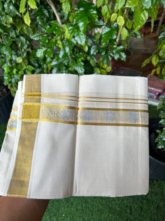 22% Discount!! KaithariKada Balaramapuram 100% Cotton DOUBLE OFF WHITE - (Ubleached) Mundu/Dhoti - 80x90 - 1.5 inch Gold Kasavu with Silver Floral Printed Design Kara - 25KK5219 GAN