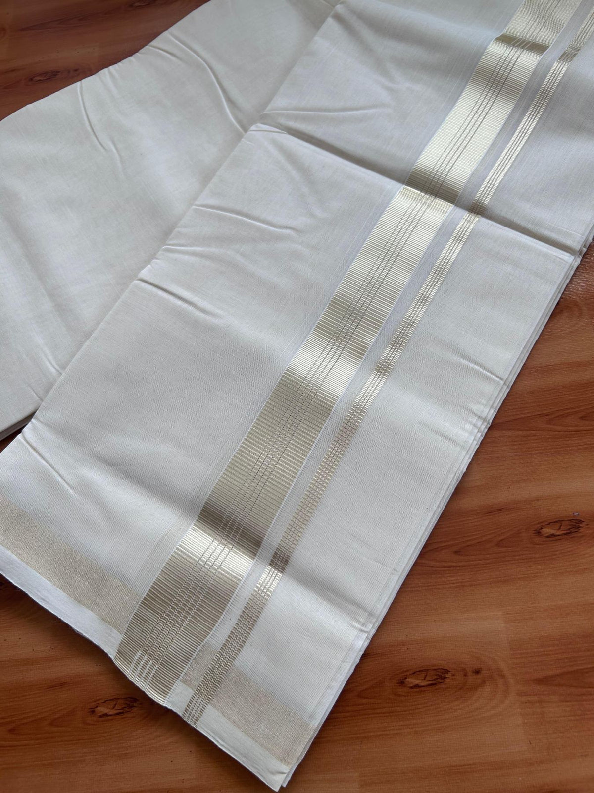 Off White (Unbleached) Double Mundu/Dhoti - 25% Discount! KaithariKada Handloom Millpaav - Kerala Handloom - 100% Pure Cotton - 80x90 - 1.5 inch Antique Light Gold Kasav striped Kara 4 Meters (8.5 Muzham) - 32 KK5508 RAM