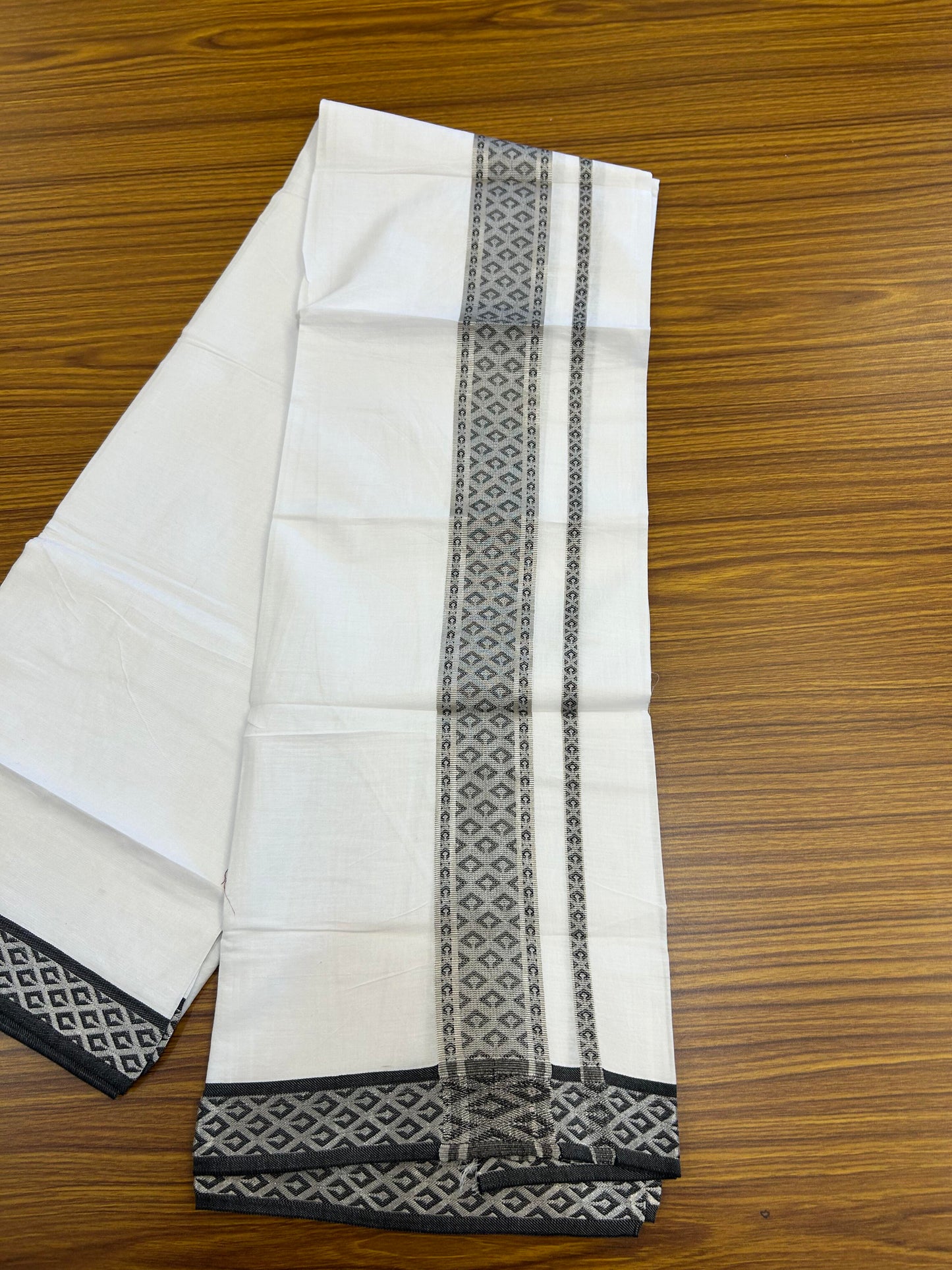20% Discount ! KaithariKada Balaramapuram 100% Pure Cotton Single Pure White Mundu/Dhoti - 70X30 - 1.5 inch Silver Kasav & Black Jacquard Design Dual kara 1.90 mtr (4 Muzham) - 7 KK5360 CJT
