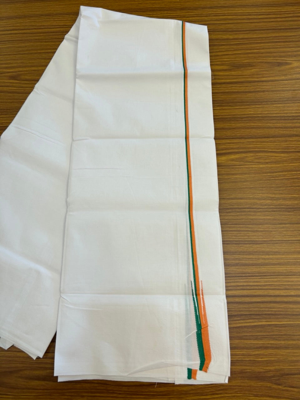 BJP VESHTI - 20% DISCOUNT! KaithariKada 100% Cotton Single Pure white - Mundu/Dhoti - Twisted 100s Thread - 0.5 inch Puliyilakkara Orange & Green Chutty Kara - (2 meter / 4 muzham) - 11 KK5296 ASH