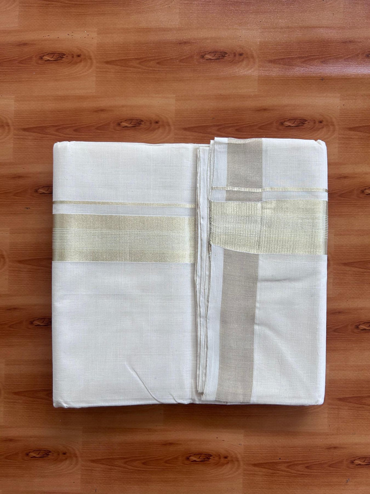 Off White (Unbleached) Double Mundu/Dhoti - 25% Discount! KaithariKada Handloom Millpaav - Kerala Handloom - 100% Pure Cotton - 80x90 - 1.5 inch Antique Light Gold Kasav striped Kara 4 Meters (8.5 Muzham) - 33 KK5508 RAM