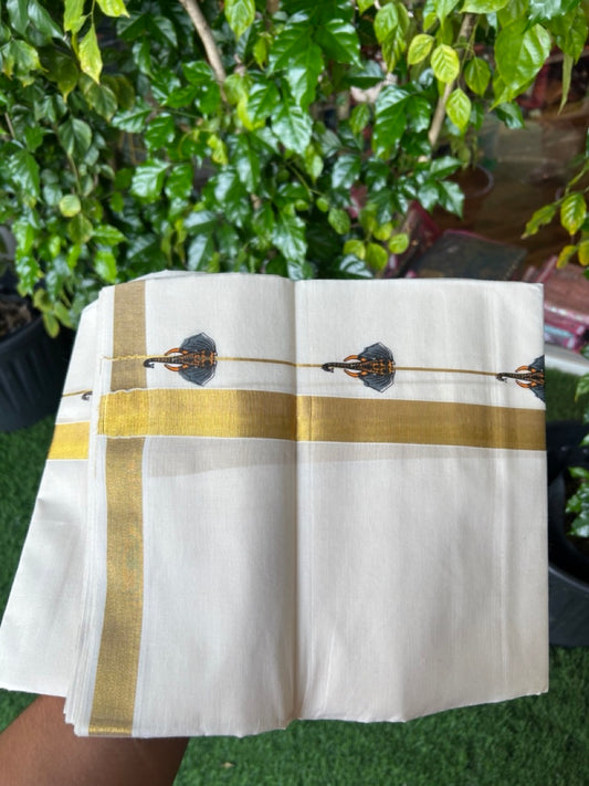 22% Discount!! KaithariKada Balaramapuram 100% Cotton DOUBLE OFF WHITE - (Ubleached) Mundu/Dhoti - 80x90 - 1 inch Gold Kasavu with Elephant Printed Design Kara - 17KK5219 GAN