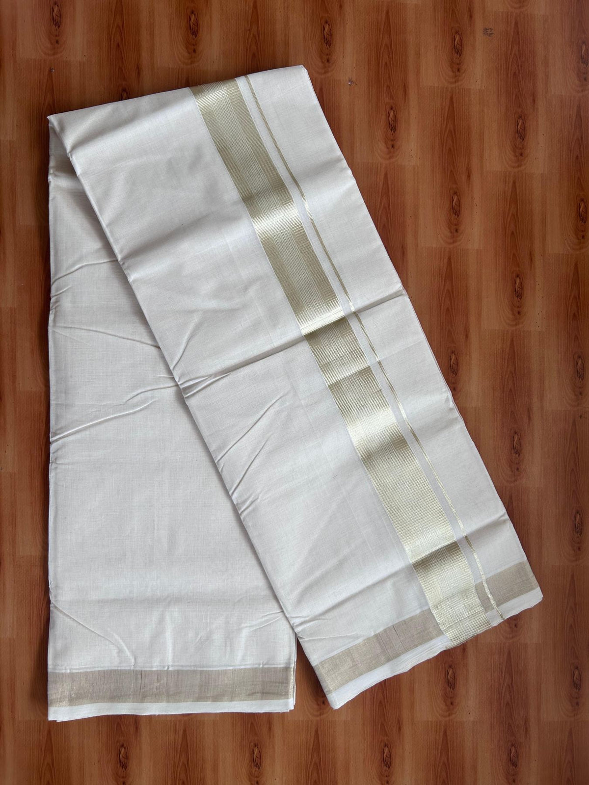Off White (Unbleached) Double Mundu/Dhoti - 25% Discount! KaithariKada Handloom Millpaav - Kerala Handloom - 100% Pure Cotton - 80x90 - 1.5 inch Antique Light Gold Kasav striped Kara 4 Meters (8.5 Muzham) - 33 KK5508 RAM