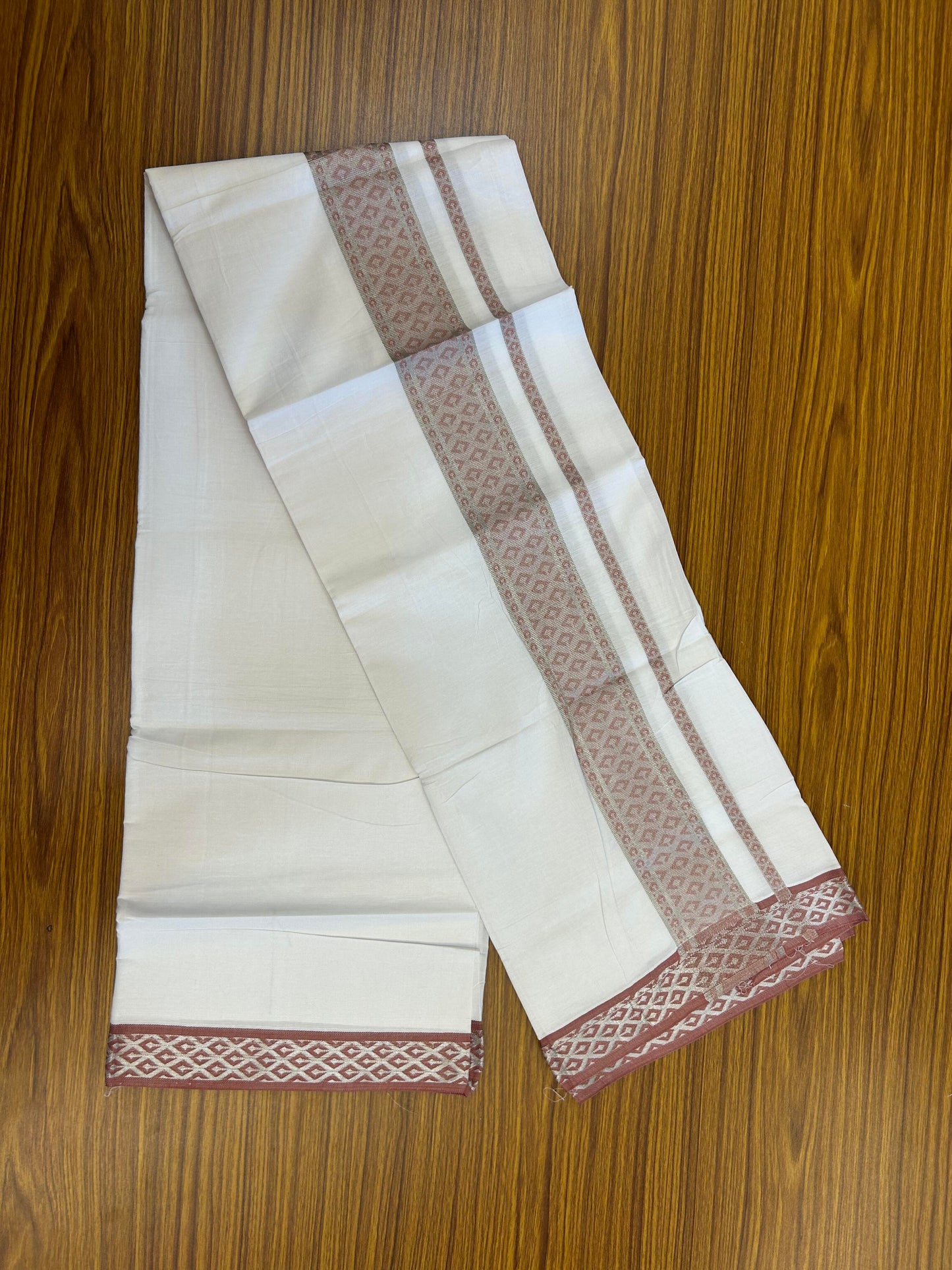 20% Discount ! KaithariKada Balaramapuram 100% Pure Cotton Single Pure White Mundu/Dhoti - 70X30 - 1.5 inch Silver Kasav & Peach Pink Jacquard Design Dual kara 1.90 mtr (4 Muzham) - 5 KK5360 CJT