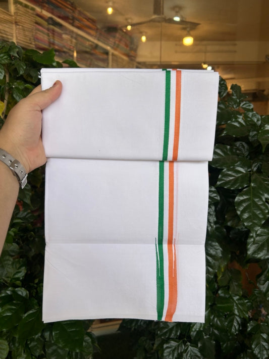 Congress Vesti - 20% Discount ! KaithariKada 100% Cotton Single Pure White Mundu/Dhoti - Twisted 100s Thread - 1.25 inch Puliyilakkara Orange White & Green Chutty Kara (2 meter / 4 muzham) - 11 KK5296 ASH